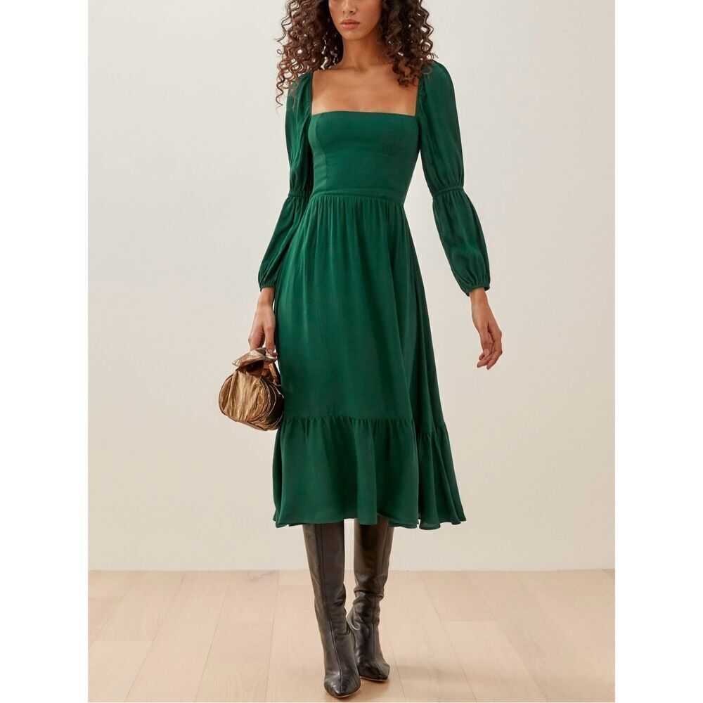 Reformation Women's Smocked Ruffle Square-Neck Midi Mica Dress In Emerald Size 8